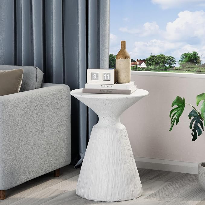 HOMPUS Outdoor Side Table, Mushroom Shaped MgO End Table, Lightweight Concrete Accent Table, Patio Coffee Table, Modern Vintage Small Garden Table Unique Plant Stand for Indoor Outdoor Use, White