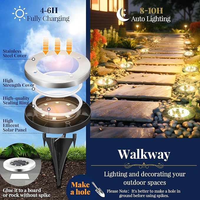 SOLPEX Solar Ground Lights Outdoor, Garden Lights 16 Pack Warm White | IP65 Waterproof Stainless Steel Landscape Lighting for Walkway, Driveway, Pathway, Patio, Backyard Decor