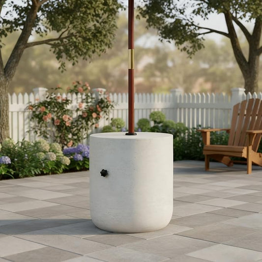 Concrete Umbrella Base with Side Table, 88 lb Sand-Fill Patio Umbrella Stand, Industrial Style Gray White Finish, Fits 32–48mm Poles, Sturdy Outdoor Umbrella Holder for Patio, Poolside, Balcony