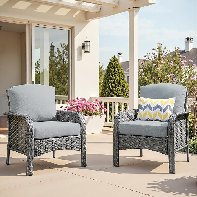 2 PCS Outdoor Patio Furniture Set with Thickened Cushions, All-Weather Rattan Wicker Outdoor Conversation Set for Porch,Backyard,Balcony,Dark Grey