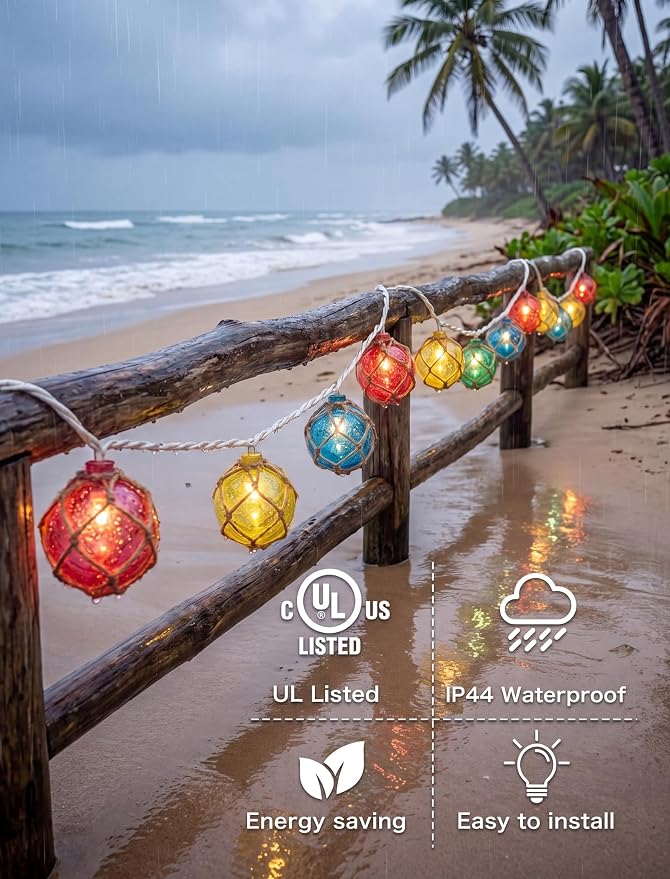 Nautical String Lights Plug in, 12FT 20 LED Tiki Bar Lights with Fishing Float Buoy, UL Certified Waterproof Patio Lights for Beach Party, Coastal Camping Home Indoor Outdoor Summer Decor