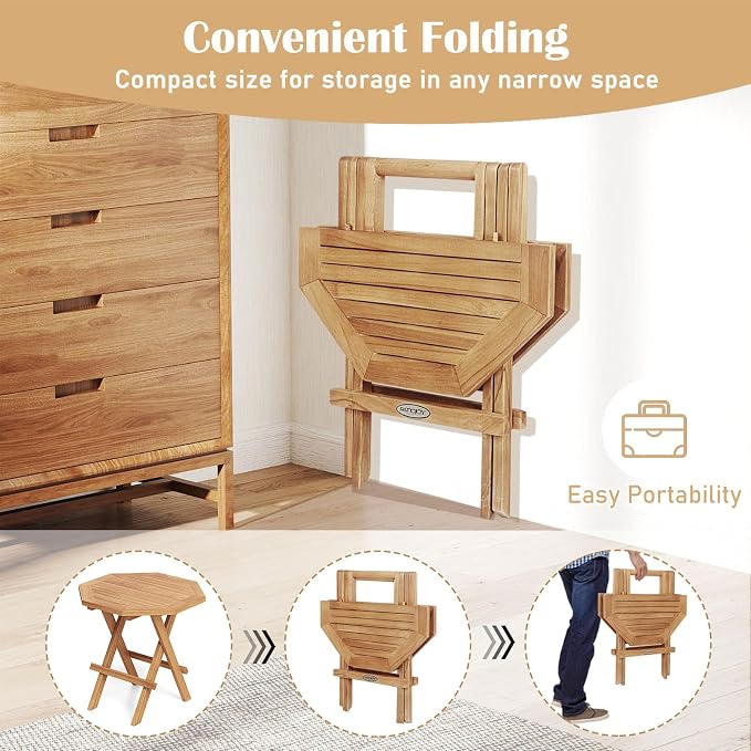 RELAX4LIFE Folding Outdoor Side Table - Set of 2 Teak Wood End Table, Octagonal Coffee Bistro Table w/Slatted Tabletop, Portable Picnic Camp Table for Poolside Porch Garden, Foldable Small Patio Table