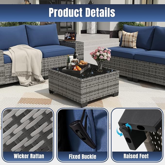 Aoxun 6 Pieces Patio Furniture Set Wicker Rattan Outdoor Sectional Conversation Set with Coffee Table and 4” Thickened Cushions, Gray Blue(Waterproof Cover Included)