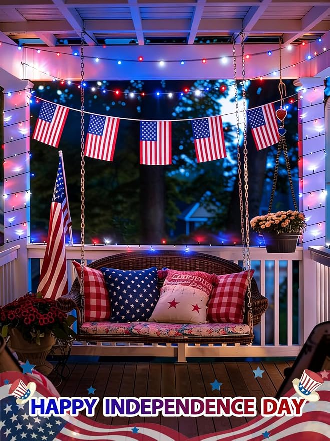 Solar String Lights Outdoor 2 Pack 200 LED Christmas Lights Red White Blue | 8 Lighting Modes, Memory Function, Auto On/Off, 66FT Waterproof Twinkle Lights for Outside Patio Yard Xmas Tree Decorations