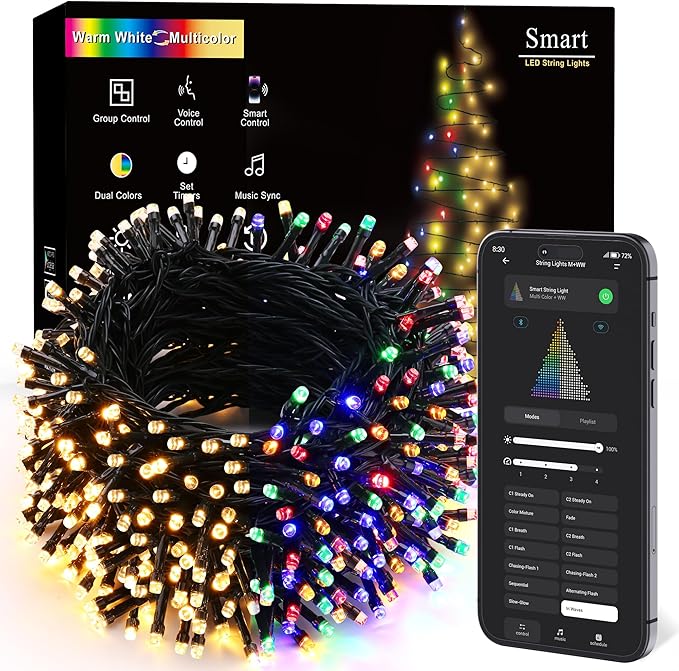 BrizLabs Smart Christmas Lights, 196.8FT 600 LED Color Changing Christmas Lights with APP/Voice Control, Warm White Multicolor Xmas Fairy Lights Music Sync Tree Lights Dimmable for Indoor Outdoor Home