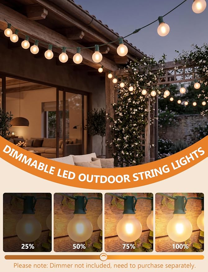 25Ft Outdoor Christmas Lights, Dimmable G40 LED Patio String Lights with 27 Frosted White Globe Bulbs, Green Wire Outdoor Christmas Decorations Lights Waterproof for Wedding Party Porch Backyard