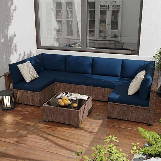 KIGOTY 7-Piece Patio Furniture Set, All-Weather PE Rattan Outdoor Sectional Sofa, Modular Wicker Conversation Set with Thick Cushions & Easy-Clean Coffee Table（Brown/Navy）