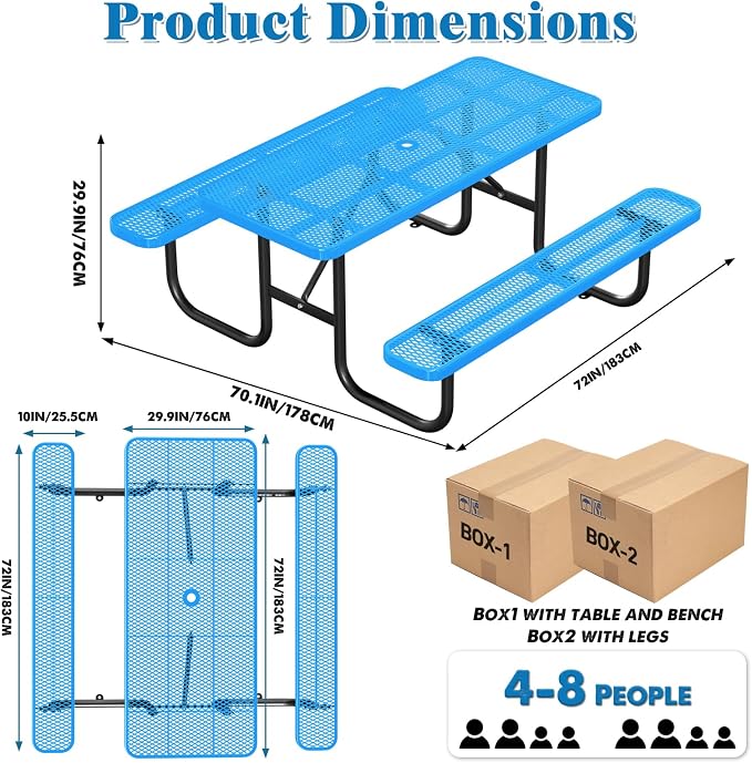 6FT Rectangular Outdoor Picnic Table with Attached Benches, Heavy-Duty Expanded Metal Mesh Patio Table, Commercial-Grade Outdoor Seating for Park, Backyard, Deck, Lawn, Blue