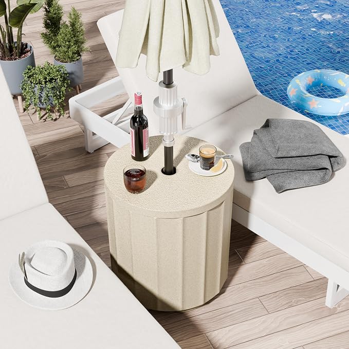 Umbrella Side Table, Outdoor Sturdy 2-in-1 Umbrella Base & Side Table, Wind-Resistant with Leak-Proof Water Bladder, Patio in Pool Umbrella Stand, No Rust Stains, Easy Assembly, Beige