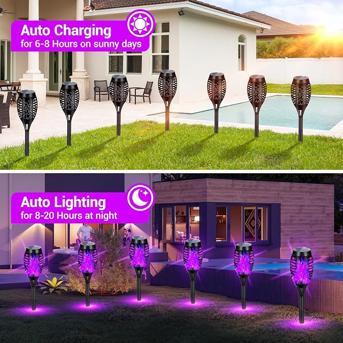 Purple Halloween Solar Lights Outdoor with Flickering Flame, 4 Pack | Halloween Decorations Solar Torch Lights, Waterproof Solar Halloween Lights Tiki Torches for Outside Patio Pathway Yard Decor