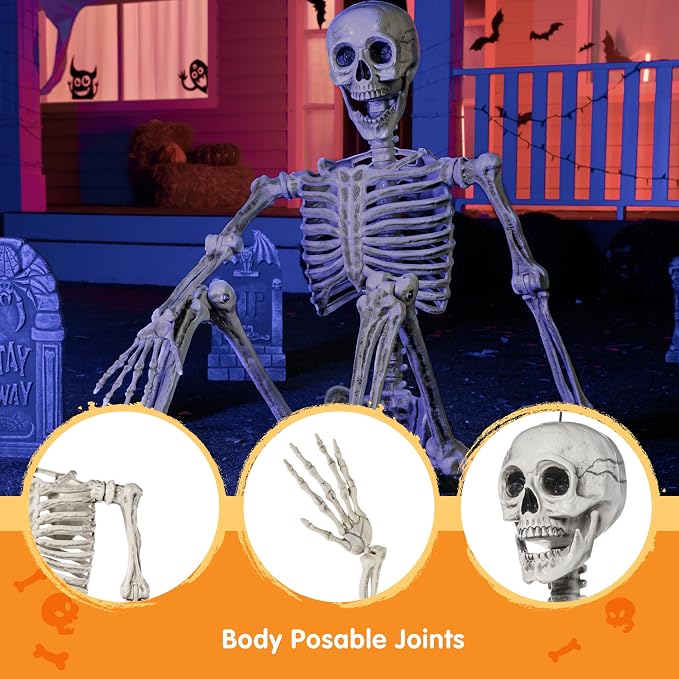 JOYIN 5.6 FT Halloween Posable Life Size Skeleton Full Body Realistic Bones with Movable Joints for Halloween Indoor and Outdoor Decoration Props Spooky Scene Party Decorations (White)