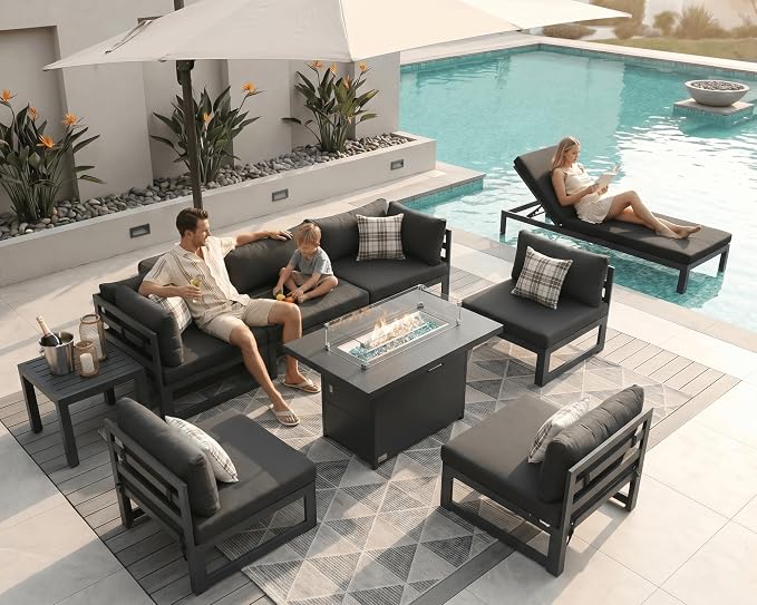 NICESOUL 9 Piece Luxury Aluminum Outdoor Sectional Sofa with Chaise Lounge & Firepit, Large Modular Patio Furniture Set, 29" Deep Wide Seating, 500 lbs Heavy Duty Conversation Set for Deck, Dark Gray
