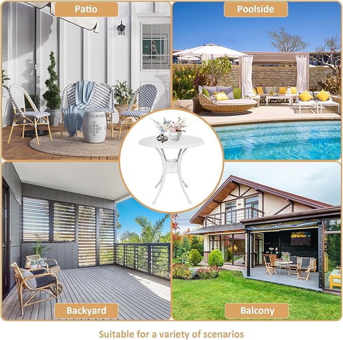 30 inches Patio Table with Umbrella Hole, Round Cast Aluminum Bistro Table for Porch Backyard, White