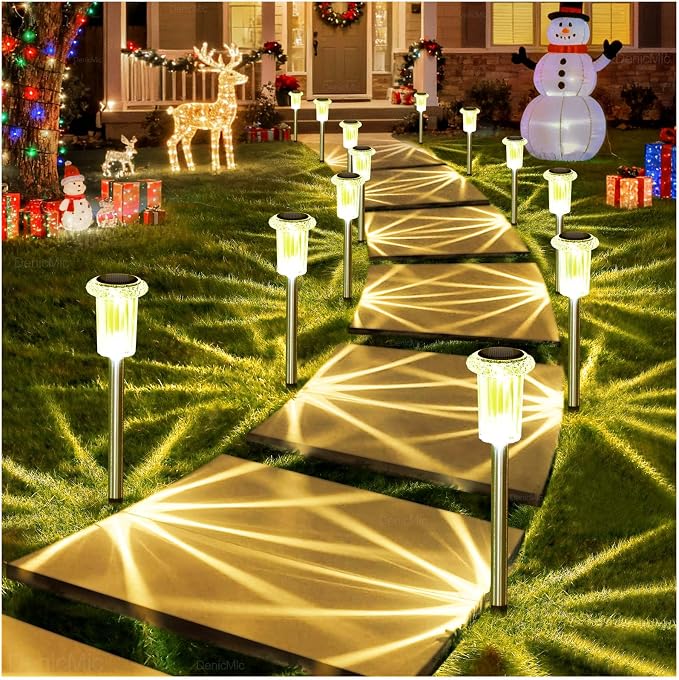 DenicMic 10 Pack Solar Pathway Lights Outdoor Waterproof Warm White LED | Stainless Steel Stake Lights for Yard Garden Decor for Outside Patio Lawn Auto On/Off 3000K Crystal-like Acrylic Lampshade