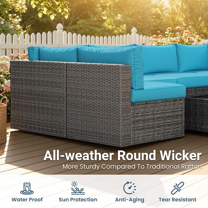May in Color 7 Pieces Wicker Outdoor Patio Furniture Set, Patio Sectional Sofa with Coffee Table, All-Weather Outdoor Sectional Furniture for Garden Backyard, Light Blue