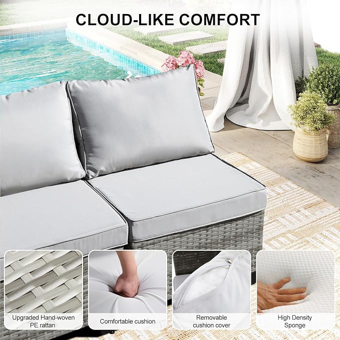 CANMOV 7 Pieces Patio Furniture Sets, All Weather Outdoor Patio Conversation Set, PE Wicker Rattan Sectional Sofa Couch Glass Coffee Table Washable Cushions for Backyard Garden, Poolside, Light Grey