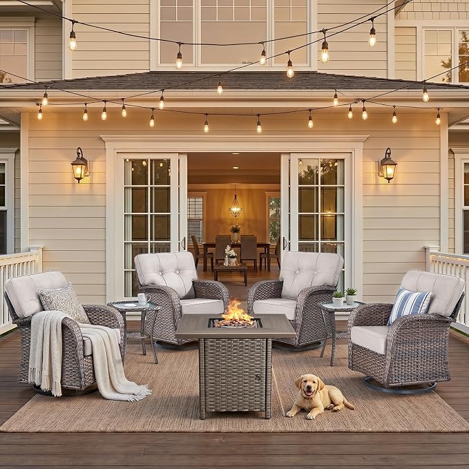 7 Piece Outdoor Patio Furniture Set with 30" Fire Pit Table,Conversation Sectional Wicker Couch with Swivel Chairs,Modern Outside Sofa for Balcony Backyard, Brown/Beige