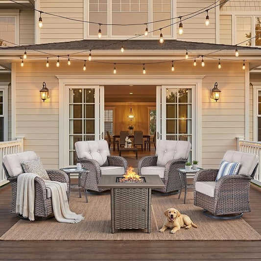 7 Piece Outdoor Patio Furniture Set with 30" Fire Pit Table,Conversation Sectional Wicker Couch with Swivel Chairs,Modern Outside Sofa for Balcony Backyard, Brown/Beige