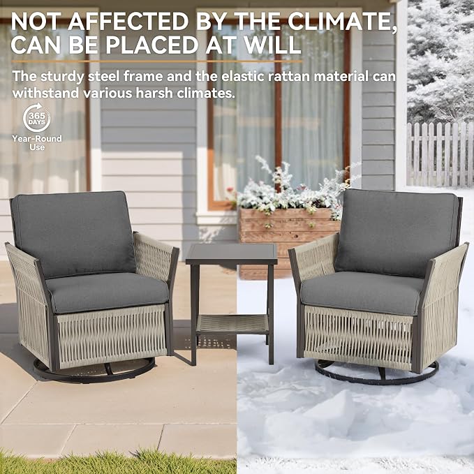 Patio Furniture Set Outdoor/Indoor, Wicker Patio Sofa, 3pcs Furniture Set with Swivel Rocker Chairs and Side Table for Backyard, Garden, Poolside(Grey)