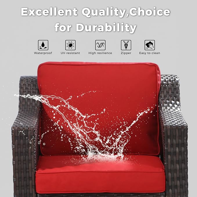 Patio 2 Pieces Wicker Chairs Set of 2，Outdoor PE Rattan Armchairs, Water-Resistant Cushions with Removable and Washable Covers, Porch, Balcony, Sunroom (Red)