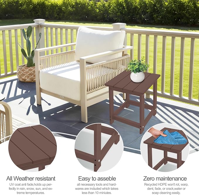 LZRS Patio End Table, Heavy Duty HDPE Outdoor Coffee Table with Wood Texture, Weatherproof Composite Table for Adirondack Chairs, Deck, Pool, Indoor/Outdoor, No Peeling or Cracking(Brown)