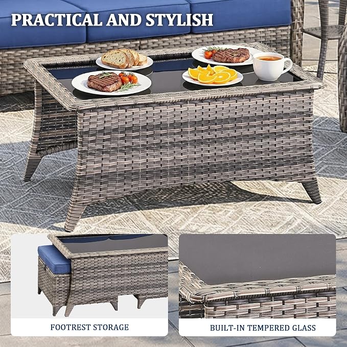 Luxury Swivel Rocker Chairs Sofa Set with 6" Thick Cushion 5 piece Wicker Outdoor Patio Chair with Coffee Table High Back Comfortable Outdoor Patio Furniture Set - Gery | Blue