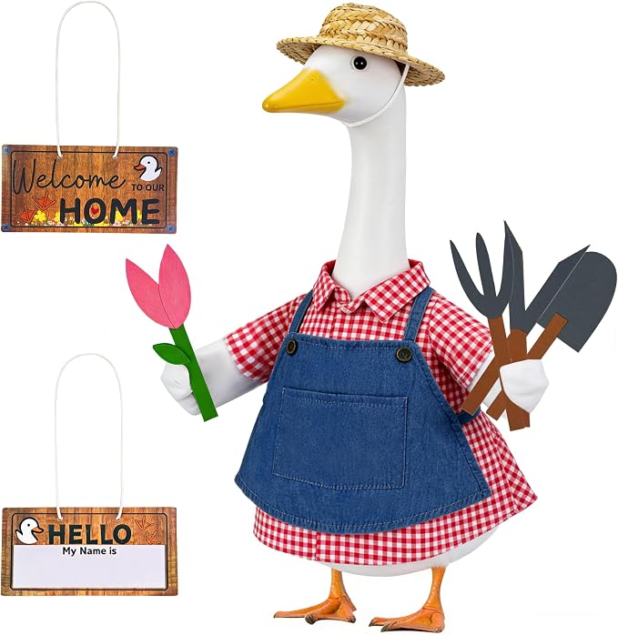 Gardener Porch Goose Summer Outfits Fits 23 inch, Spring Gardening Geese Statue Clothes Costume with Hat Shirt Apron Tools Flower, Garden Outdoor Yard Lawn Patio Decoration
