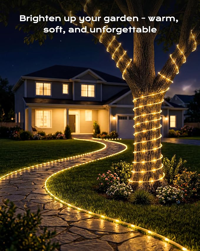 Brightown Solar Rope Lights, 2 Pack Total 78FT 200LED Warm White Solar String Lights Outdoor, IP65 Waterproof Solar Powered Fairy Lights with 8 Lighting Modes for Yard Garden Patio Tree Decoration | IP65 Waterproof Solar Fairy Lights with 8 Lighting Mo...