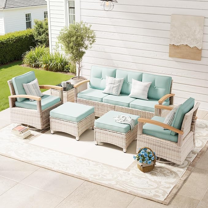 MEISSALIVVE 6 Pieces Patio Furniture Sets,Wicker Patio Conversation Sets with 2 Wood Armrests Swivel Glide Chairs, 2 Ottomans for Deck Yard and Poolside (Blue)