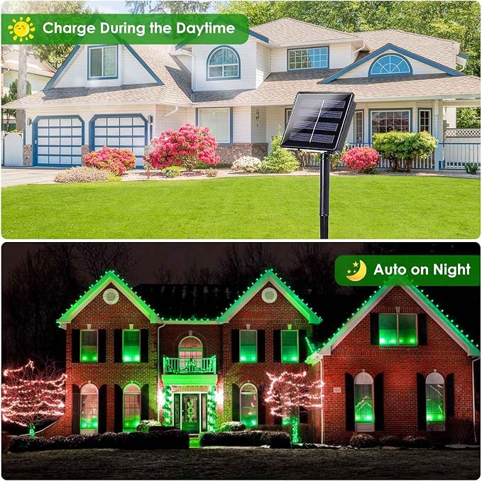 Solar Christmas Lights Outdoor 2 Pack 200 LED Solar Halloween Lights Green | 8 Lighting Modes, Memory Function, Auto On/Off, 66FT Waterproof Twinkle Lights for Outside Xmas Tree Halloween Party Decor