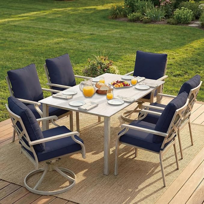 7-Piece Patio Dining Set, White Food-Grade Sintered Stone Dining Table with Umbrella Hole, 4 Dining Chairs and 2 Swivel Chairs with Blue Removable Thickened Cushions for Garden Lawn Yard