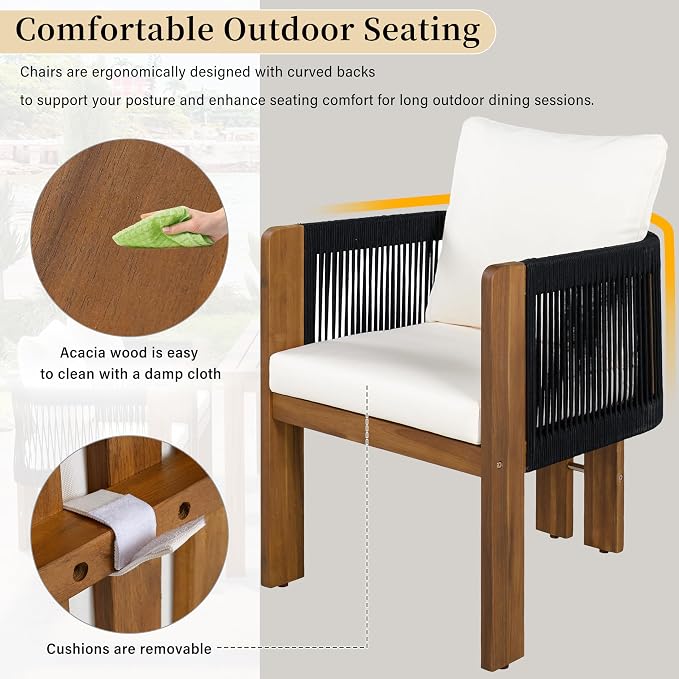 Merax Luxury 5-Piece Outdoor Patio Dining Set for 4, Solid Acacia Wood Dinning Set with Rope Woven Chairs,Farmhouse Dining Furniture Set for Garden, Backyard, Poolside, Brown+Black
