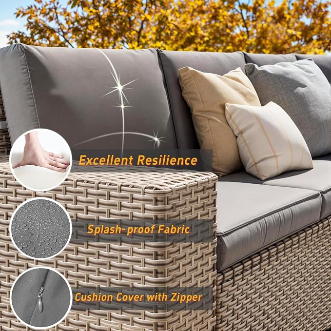 7 Pieces Patio Furniture Set with Fire Pit Table, Outdoor Sectional Wicker Sofa with Thickened Cushions and Coffee Table, High Back Rattan Patio Conversation Sets, Grey
