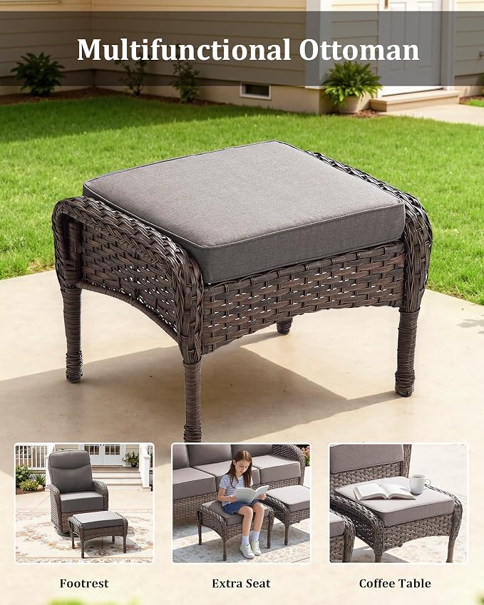10-Piece Luxury Patio Furniture Set with 6-Inch Thick Cushions, High-Back Outdoor 4 Swivel Rocking Chairs with Wicker Side Table, All-Weather Conversation Set for Porch, Deck, Yard–Gray