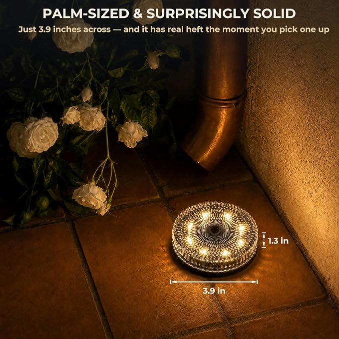 Real Glass Solar Ground Lights, Stake or Wall Mount 2-in-1, 2 Pack | Warm White Disc Lights, Waterproof IP65 Deck Light, Step Fence Garden Lamp, Auto Dusk to Dawn for Driveway Patio Yard