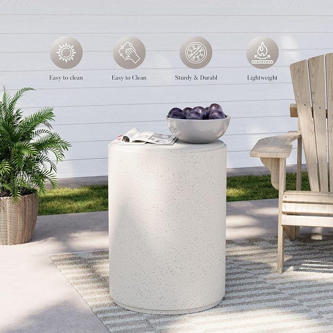 COSIEST 21" Outdoor Side Table, Weather-Resistant Round Concrete End Table for Patio,Durable Small Outside Tables Accent Stool for Garden, Porch, Deck, Balcony & Beach，Speckled White