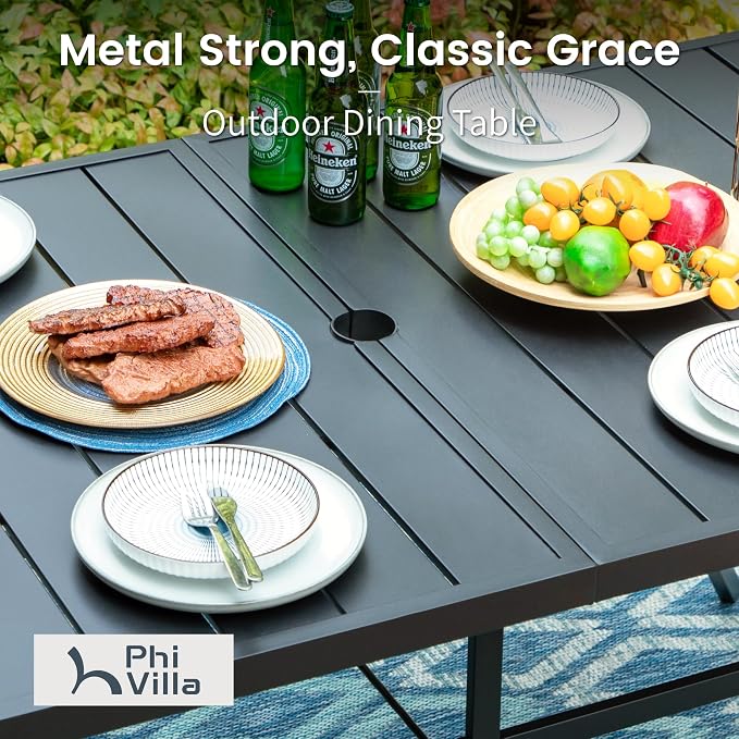 PHI VILLA Outdoor Dining Set for 6, 59" Metal Table & Swivel Chairs | 7 pcs black wrought iron furniture set w/ umbrella hole. All weather for patio, deck, yard, porch
