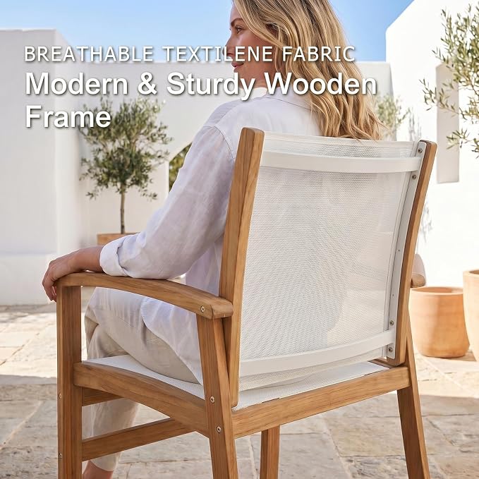 SUNSITT 7-Piece Outdoor Patio Dining Set, 55" - 71" Acacia Wood Expandable Table & 6 Breathable Textilene Mesh Chairs, All-Weather Patio Furniture w/Umbrella Hole for Backyard, Deck, Garden, White