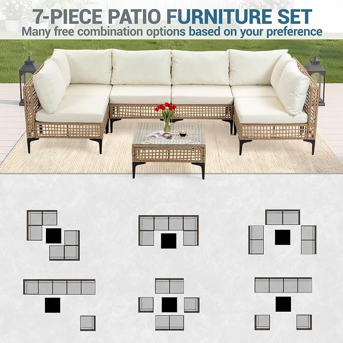 7 PCs Outdoor Patio Furniture All Weather Wicker Rattan Sectional Conversation Sofa Set w/Water Resistant Cushions, Coffee Table for Paito, Lawn, Garden, Beige