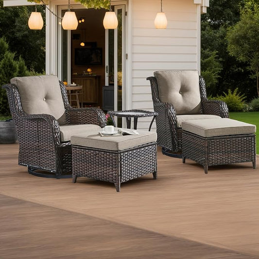 HUMMUH 5 Piece Outdoor Patio Furniture Set Wicker Conversation Bistro Set Swivel Rocking Chairs with Side Table and Ottomans for Backyard, Porch, Balcony