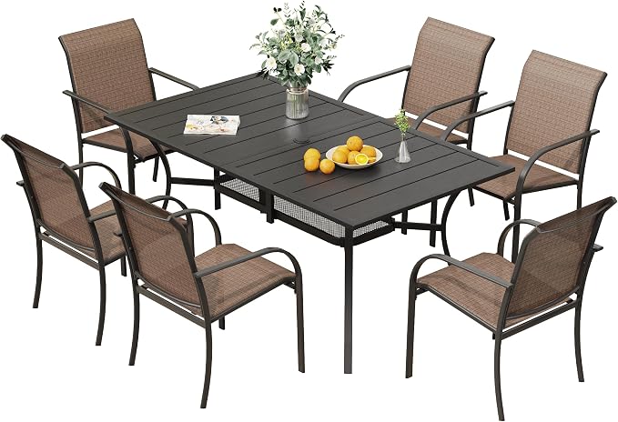VICLLAX Patio Table and Chairs Set for 6, Patio Furniture Set of 6 Patio Stackable Dining Chairs and Outdoor Metal Table with Umbrella Hole for Backyard Lawn Garden, Brown Chairs and Black Table