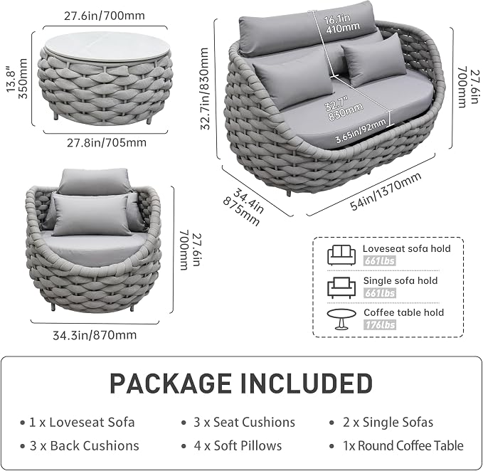 4Pcs Light Grey Wicker Patio Conversation Set, Handwoven Outdoor Indoor Sofa with Loveseat, 2 Single Chairs & Coffee Table, Weather Resistant Furniture for Backyard Garden Deck