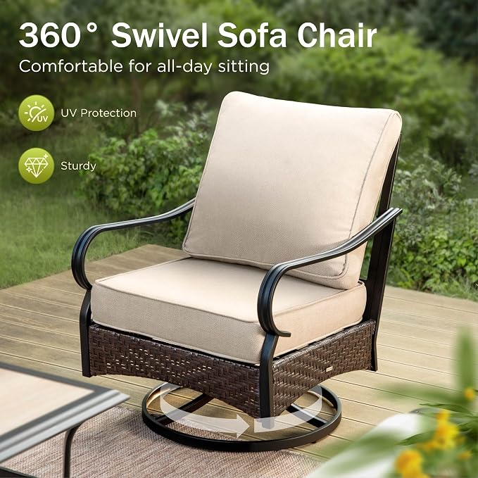 PHI VILLA Swivel Patio Sofa Chairs - 2 PCS Outdoor Swivel Rocker Armchairs, Patio Seating with High Back Deep Seat for Porch Deck Balcony