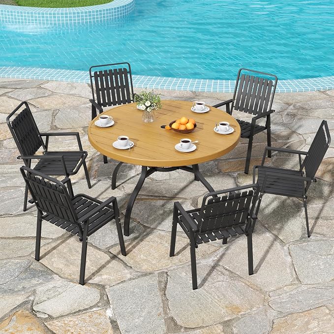 47" Round Outdoor Dining Table for 6, Metal Round Patio Table with Umbrella Hole, All-Weather Outdoor Patio Dining Table for Lawn Garden Deck Backyard (Brown)