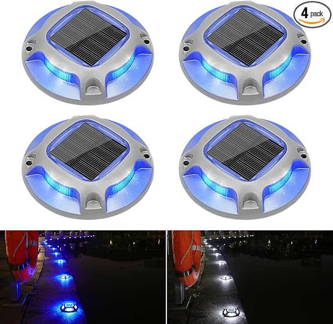 VOLISUN Solar Driveway Marker Lights Dock Marine Led Deck Outdoor 4 Pack | 2 Colors in 1,Solar Powered Waterproof Warning Step Lights for Pathway Garden Sidewalk Walkway (Blue/White)