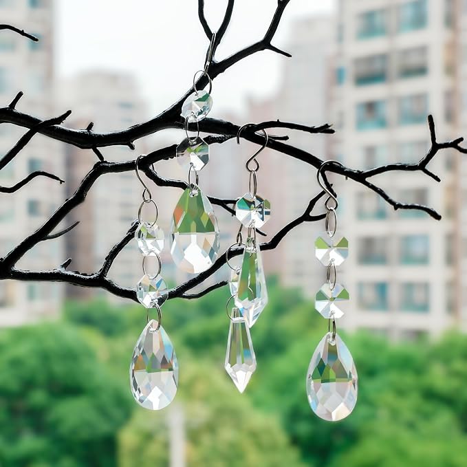 24pcs Crystal Sun Catcher Hanging Clear Teardrops Crystals Chandelier Parts | Crystal Sun Catcher, 38mm Hanging Crystal, Chandelier Parts, Prism Pendants with Hook, Crystal Christmas Ornaments Home Decor