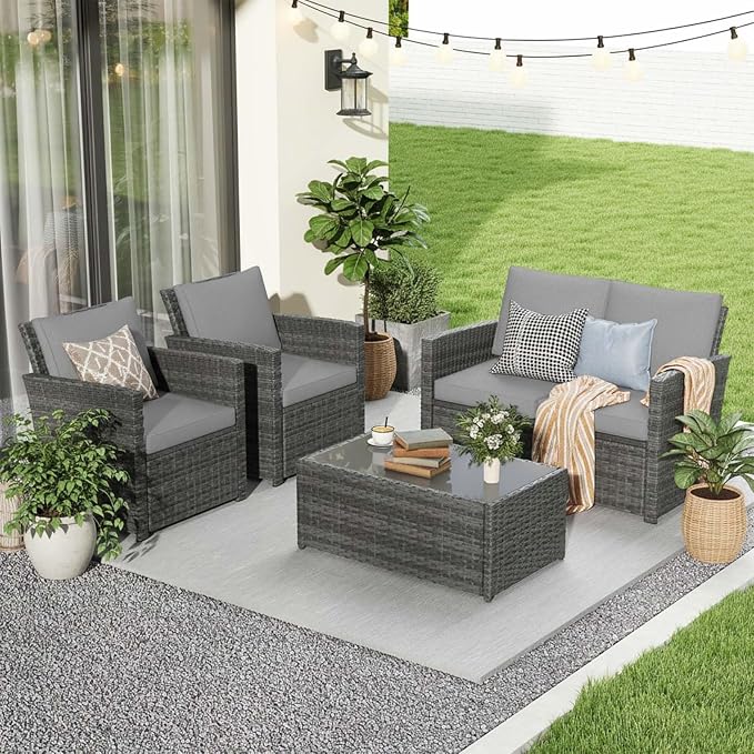JOIVI Patio Furniture Set, 4 Piece Outdoor Patio Conversation Set, All-Weather PE Rattan Wicker Sectional Patio Sofa Set with Tempered Glass Coffee Table, Light Gray
