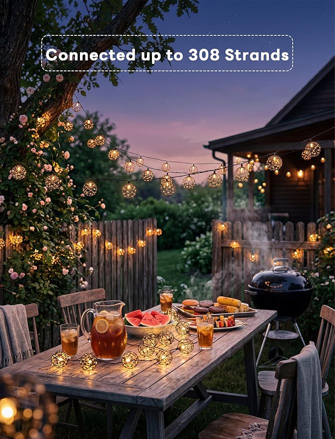 LED Outdoor Patio Lights, Beaded Copper Wire Ball Style Lantern Lights | 10 LED Wire Ball Light, 8.5FT Connectable Boho Lantern String Lights for Yard Garden Bistro Campings Porch Party Backyard