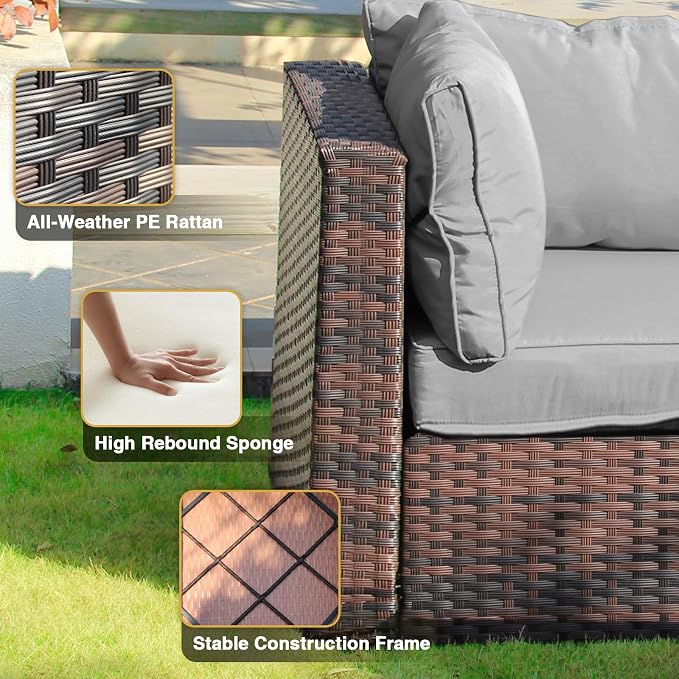 9 Piece Patio Furniture Set All Weather PE Rattan Outdoor Sectional Sofa Couch with No-Slip Cushions and Glass Top Table for Garden, Poolside, Backyard (Gray)