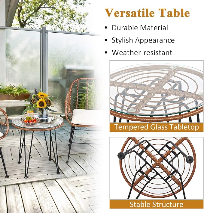 COSTWAY 3 Pieces Patio Bistro Set, Outdoor Rattan Conversation Seating Chair Set with Coffee Table & Soft Cushions, Indoor Wicker Furniture Set for Garden, Balcony, Porch, Pool,Beige